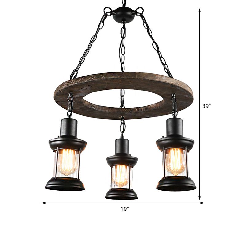 3/6-Bulb Ceiling Lamp with Lantern Shade Clear Glass Industrial Dining Room Chandelier Pendant Light in Black