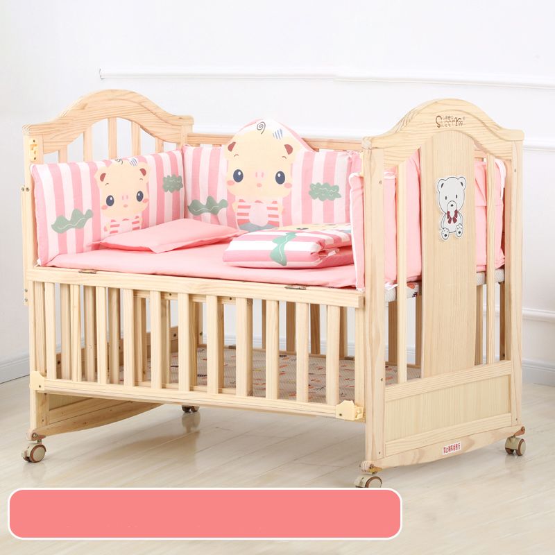 Farmhouse Wood Nursery Crib Brown Arched Nursery Bed with Casters