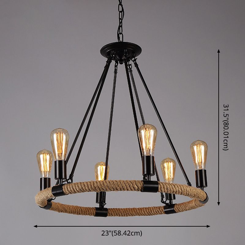 Black Metal Iron Frame Chandelier Retro Industrial Rope Circular Suspension Light for Dining Room Table