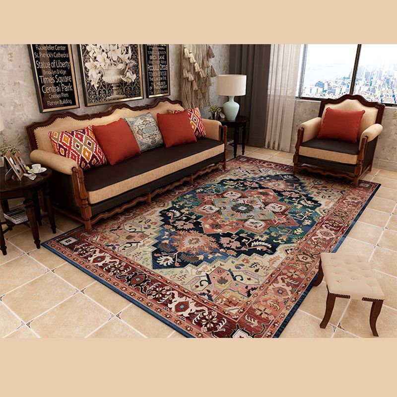 Multicolor Distressed Indoor Rug Polyester Medallion Print Rug Non-Slip Backing Indoor Rug for Living Room