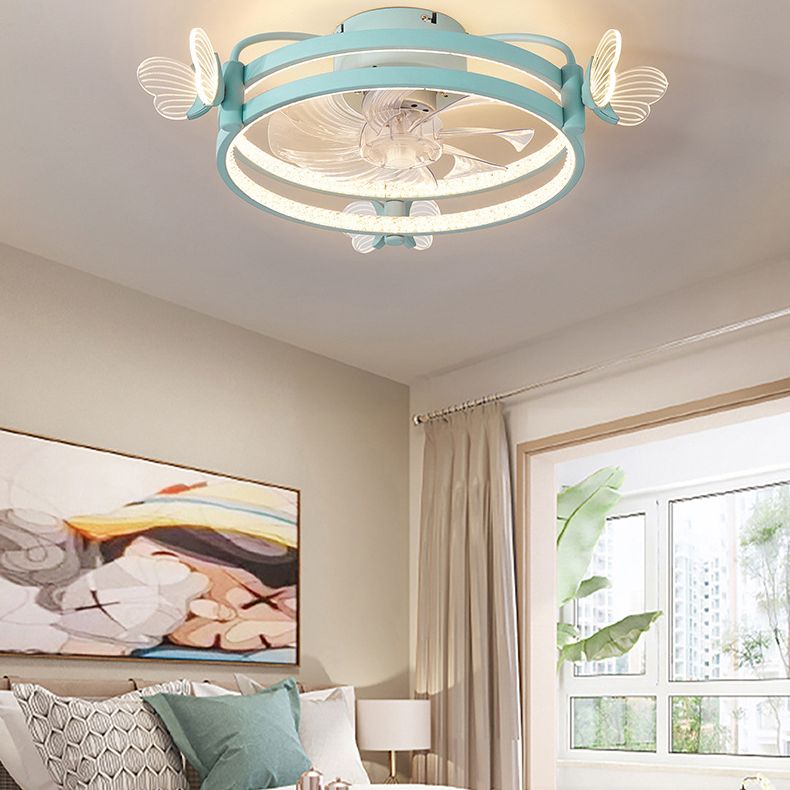 Macaron Circular Ceiling Fan Light Fixture Metal Childrens Bedroom LED Semi Flush Mount