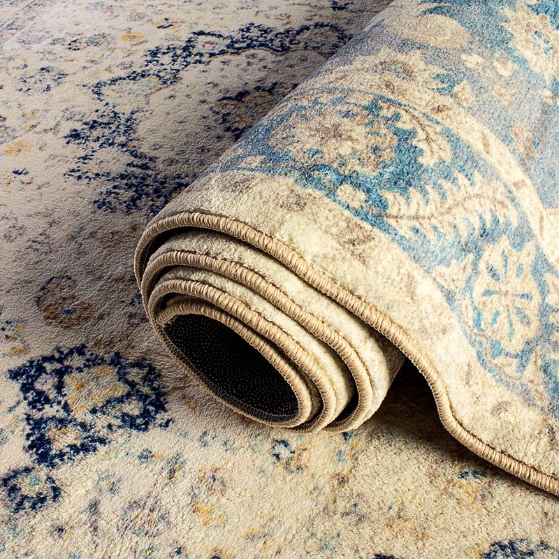 Solid Color Vintage Area Rug Polyester Floral Print Rug Anti-Slip Backing Indoor Rug for Living Room