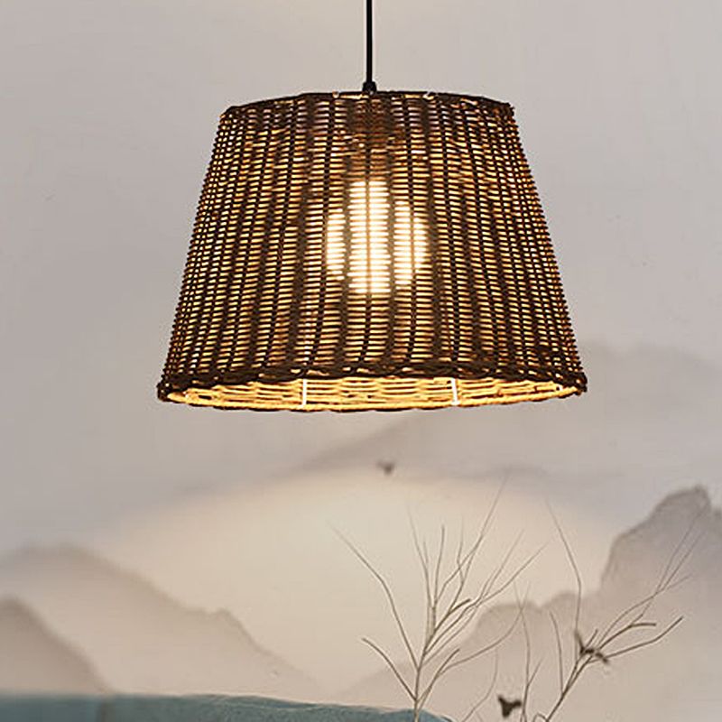 Bucket Shade Hanging Ceiling Light Asian Style Rattan 9.5"/13" Width 1 Light Pendant Lamp in Beige for Dining Room