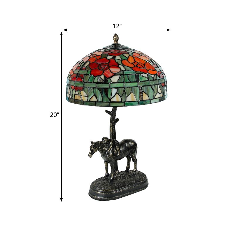 1 Head Table Light Antique Horse Resin Nightstand Lamp with Domed Cut Glass Shade in Bronze