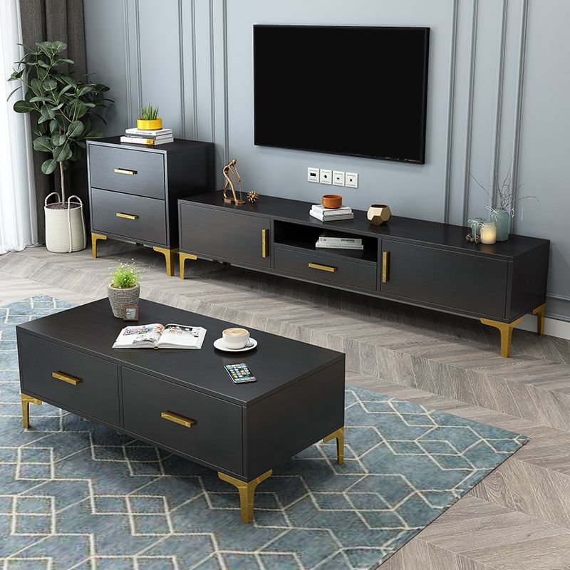 Black Glam TV Stand Engineered Wood TV Cabinet with Stainless Steel Legs