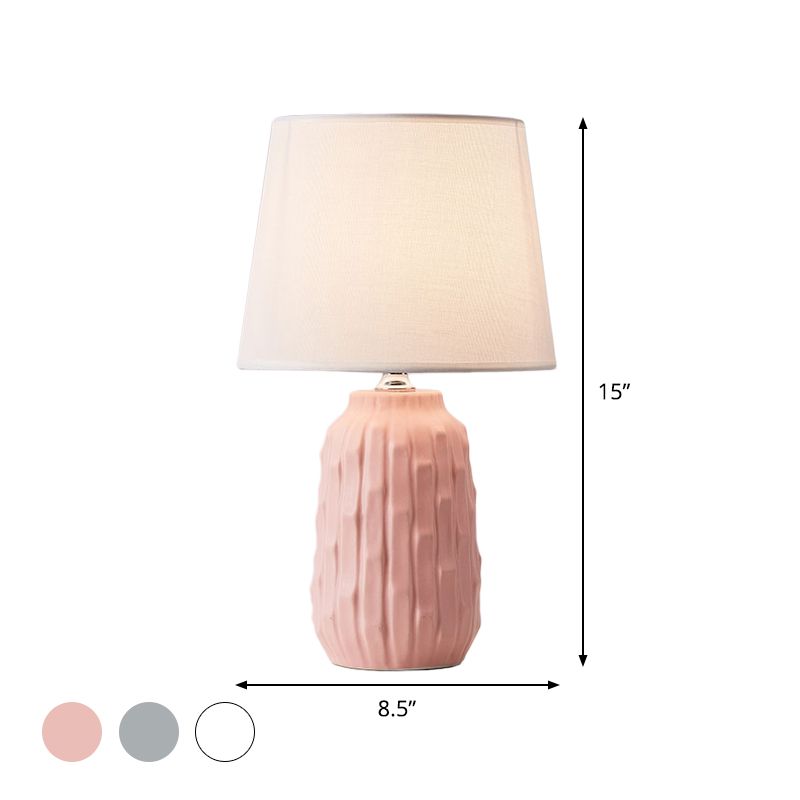 Modernist Conical Table Light Fabric 1 Head Bedroom Desk Lamp with Cylinder Ceramic Base in White/Pink/Blue