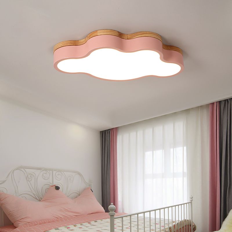 Modern Wood Flush Mount Cloud Shape Ceiling Light with Acrylic Shade for Living Room