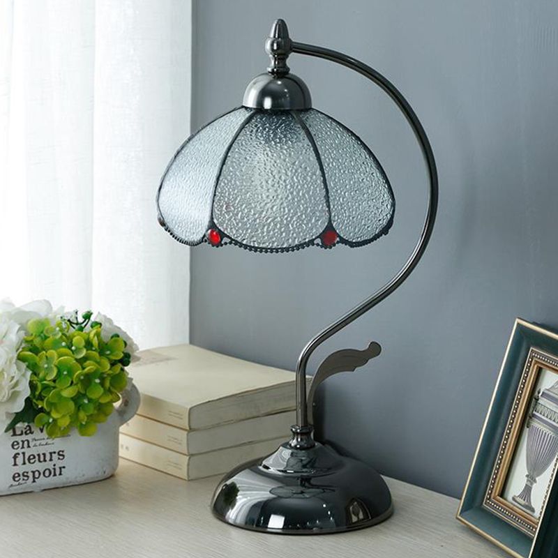 Vintage Dome-Like Nightstand Light 1-Bulb Clear Water Glass Scalloped Table Lamp in Black