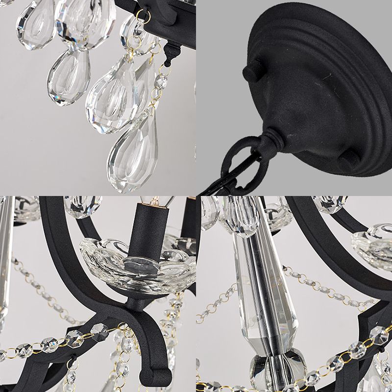 Flameless Candle Hanging Light Industrial Clear Crystal 5/6 Bulbs Pendant Light in Black for Bedroom