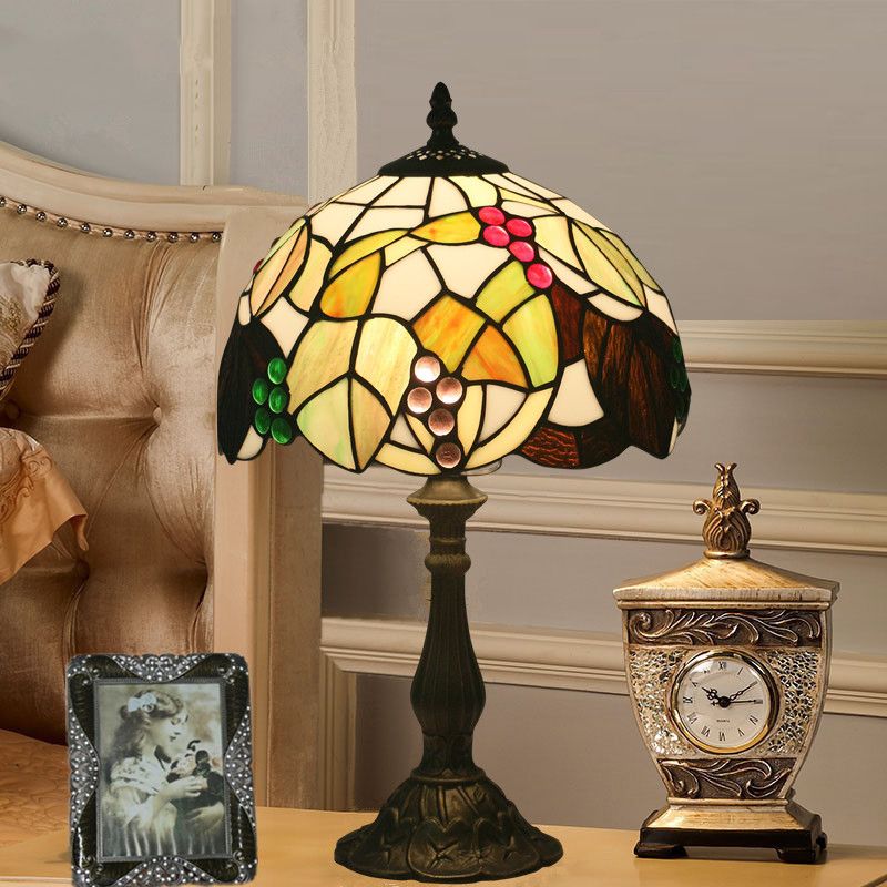 Bowl Shaped Stained Glass Desk Light Tiffany Style 1-Head Bronze Leaf and Fruit Patterned Night Table Lighting