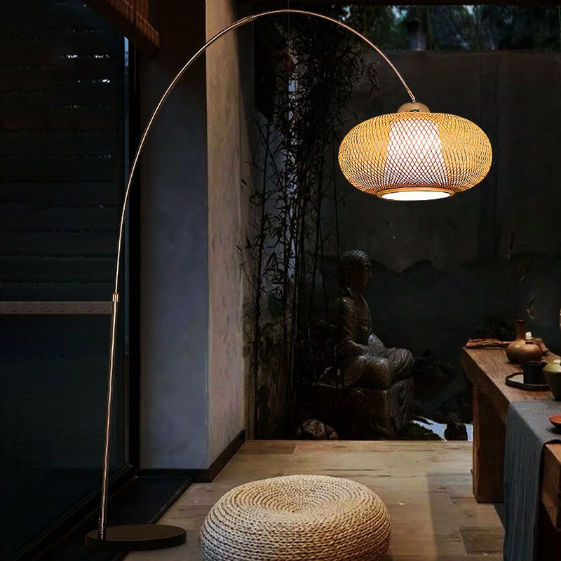 Lantern Tea Room Standing Light Bamboo 1 Bulb Minimalist Floor Lighting with Fishing Rod Arm in Wood