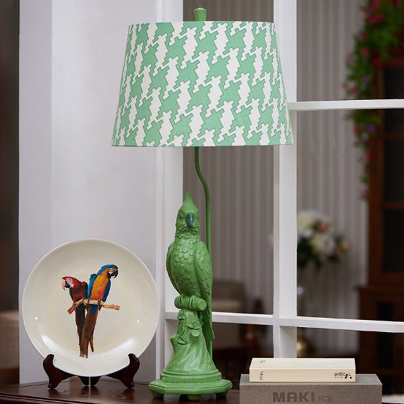 Modernism LED Desk Light with Fabric Shade Green/White Cone Small Desk Lamp with Bird Base