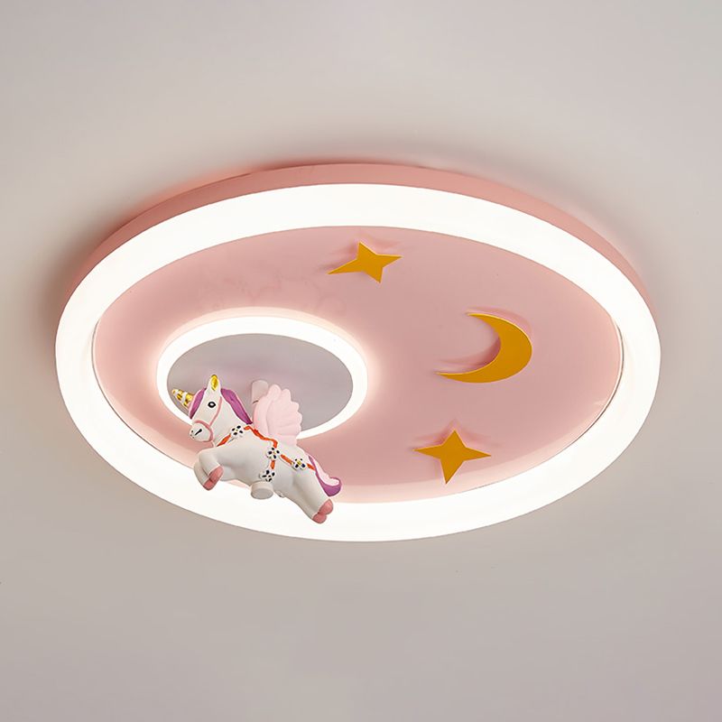 Metal Round Flush Mount Light Lovely Pink Unicorn Ceiling Light for Kid's Room