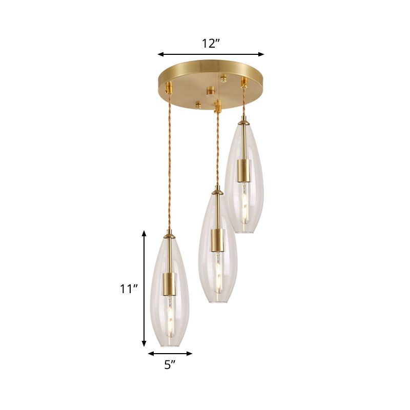 Messing waterdrop multi -light hanger modernistische 3 bollen helder glazen suspensielamp met ronde luifel