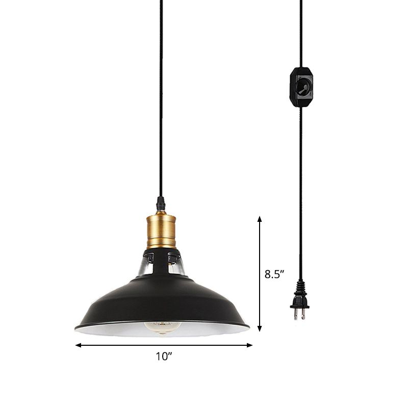 1 Light Hanging Lamp Kit Rustic Bedside Plug-in Pendant Lighting with Barn Iron Shade in Black