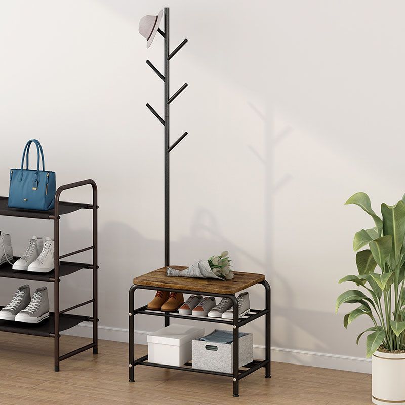 Leisure Hall Tree Plain Coat Hooks Metal Coat Rack with Storage Bench