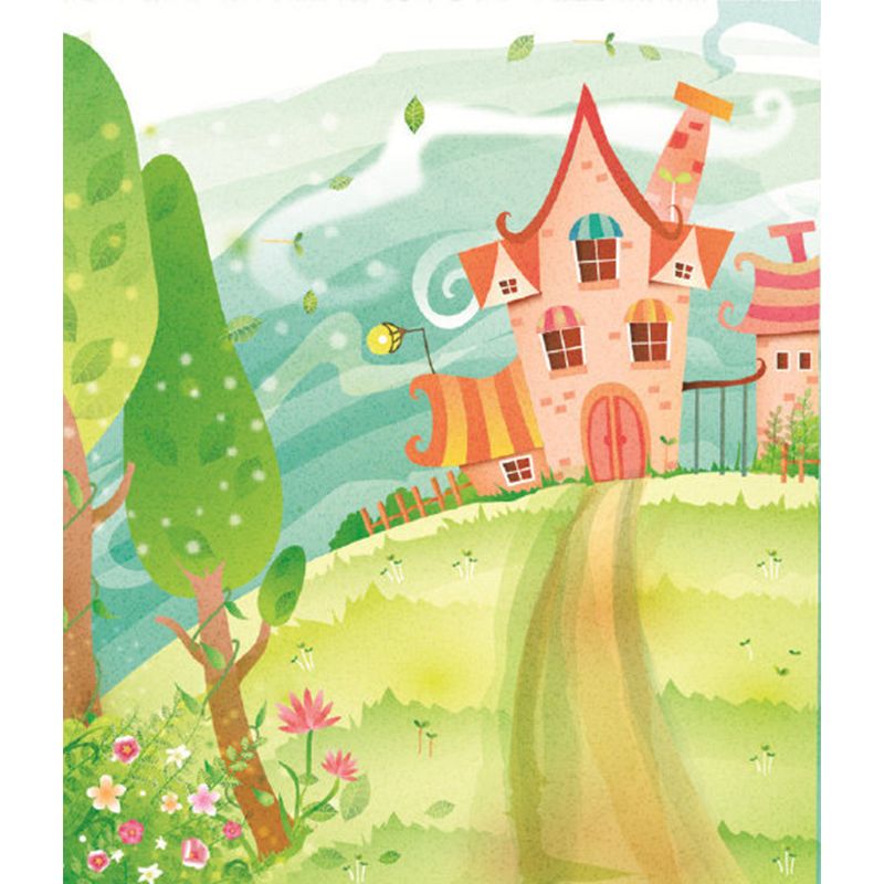 A Path to Castle Murals Pink-Blue-Green Cartoon Style Wall Art for Childrens Bedroom