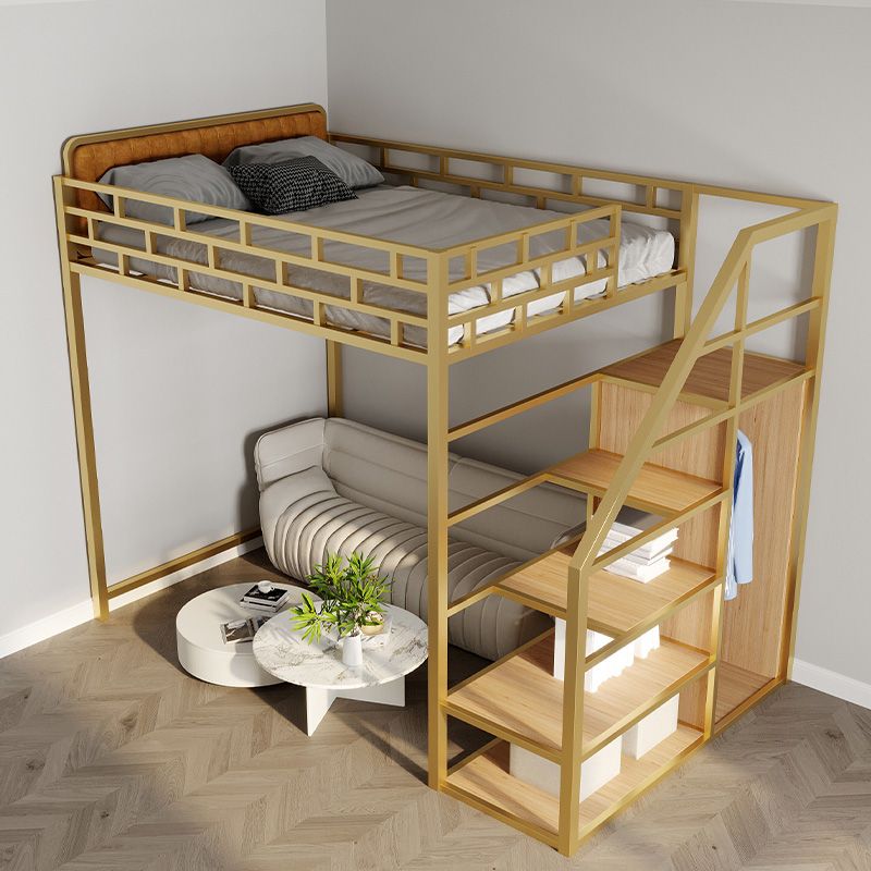 Glam Style Loft Bed in Iron with Shelves and Guardrail Storage Bed