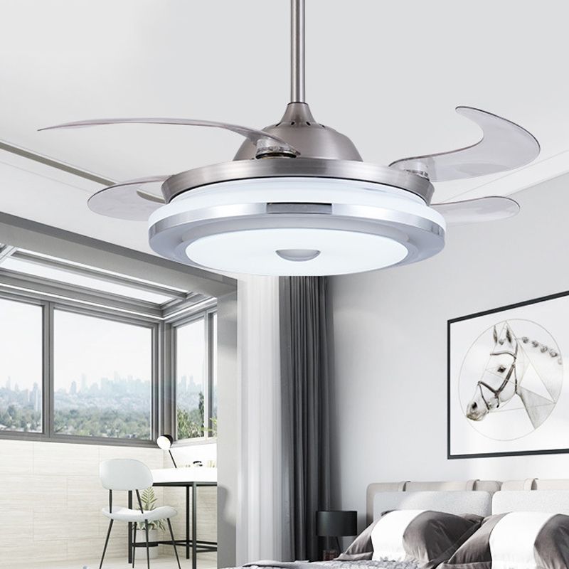 Circle Acrylic Ceiling Fan Light Modernist 36" W LED Living Room Semi Flush Mount in Silver with 4 Blades, Remote/Wall Control/Remote and Wall Control