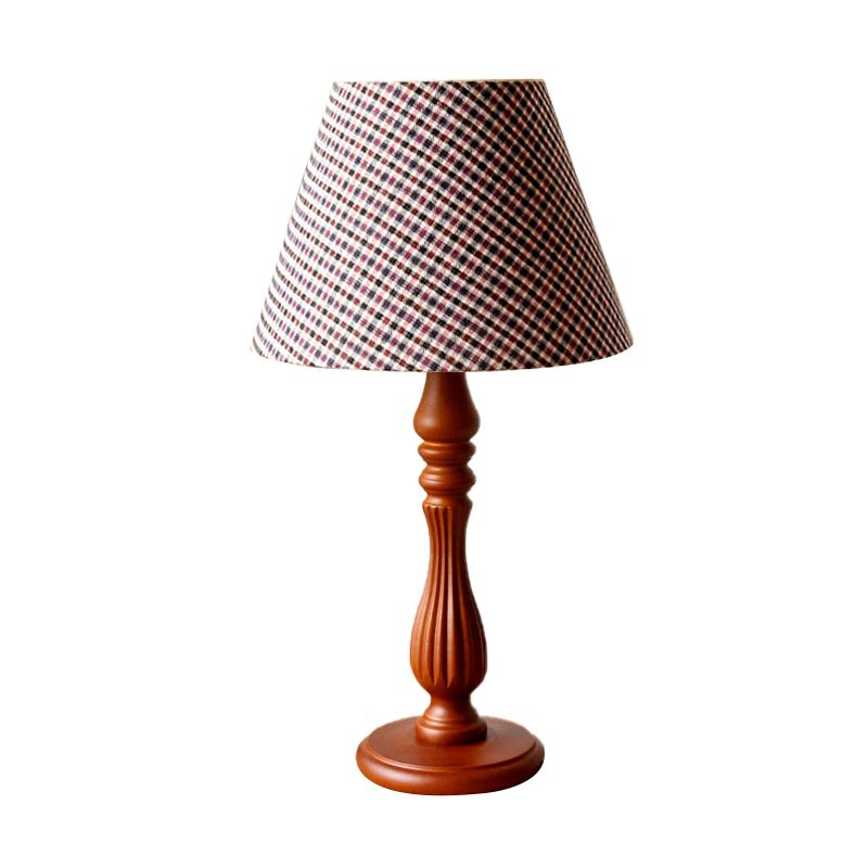 Beige/Tan/Dark Blue Barrel Shape Desk Lamp Traditional Fabric 1 Light Bedroom Reading Light with Wood Base