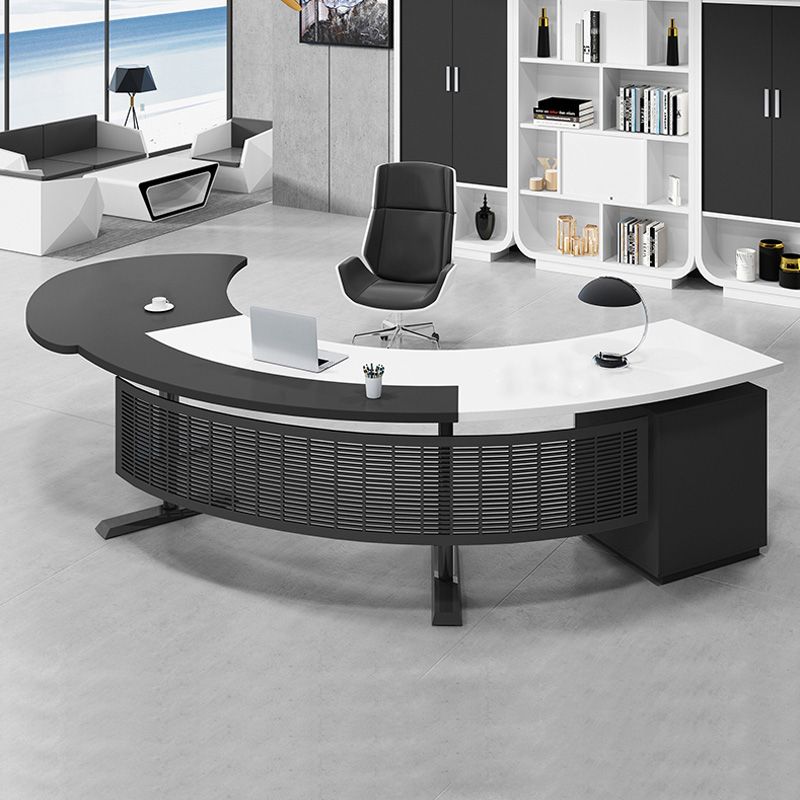 Half Circle Shaped Slate Office Desk White and Black Writing Desk for Office