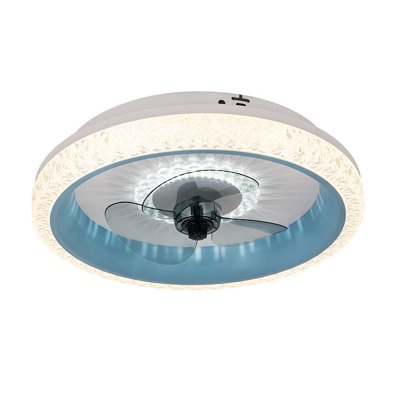 19.5" Wide Round LED Semi Flush Mounted Light Macaron Acrylic Dining Room 3-Blade Ceiling Fan Lamp, Remote Control