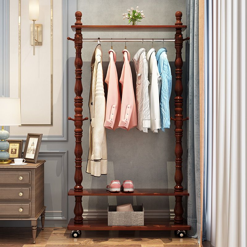 Traditional Solid Wood Coat Hanger Free Standing Coat Rack with Storage Shelving