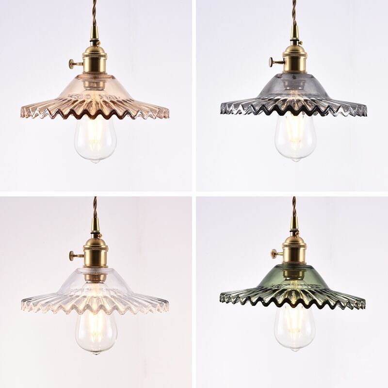 1-Light Scalloped Pendant Lamp Retro Industrial Style Lotus Glass Restaurant Hanging Lamp