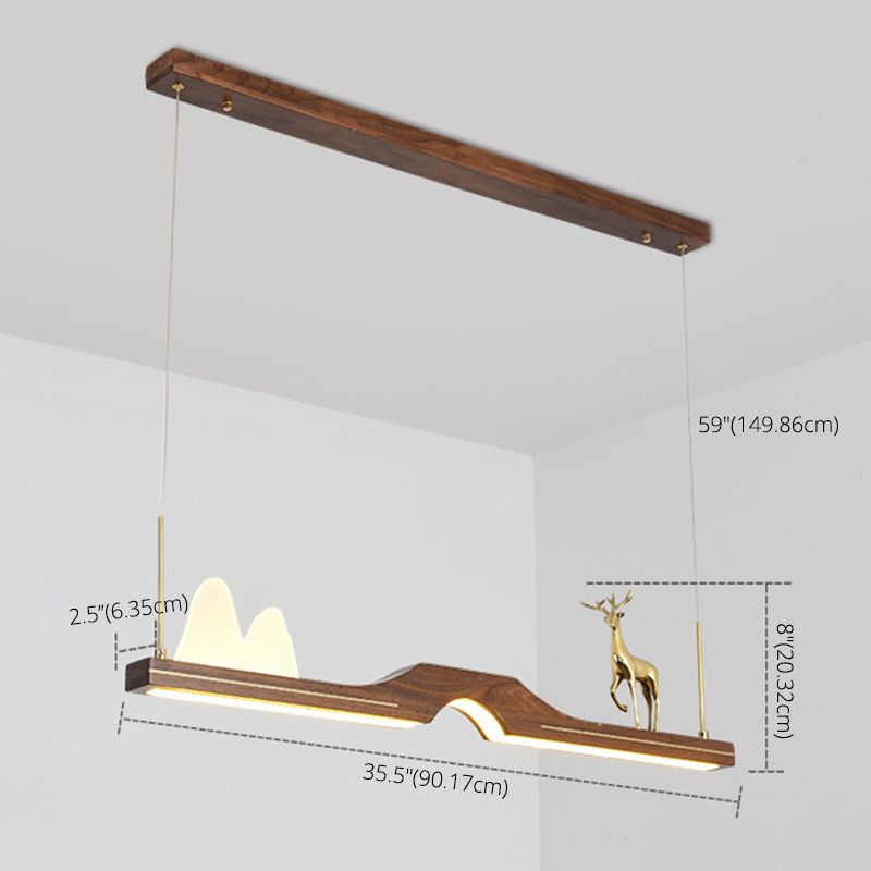 Dark Wood Linear Island Light Artistic Modern LED Suspension Light for Study Room