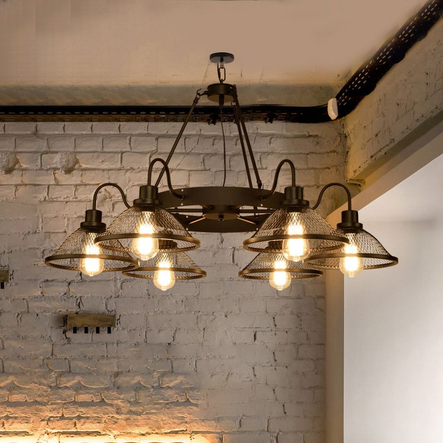 6/8-Light Flared Chandelier Lighting with Wire Mesh Shade Industrial Black Metal Down/Up Ceiling Light for Restaurant