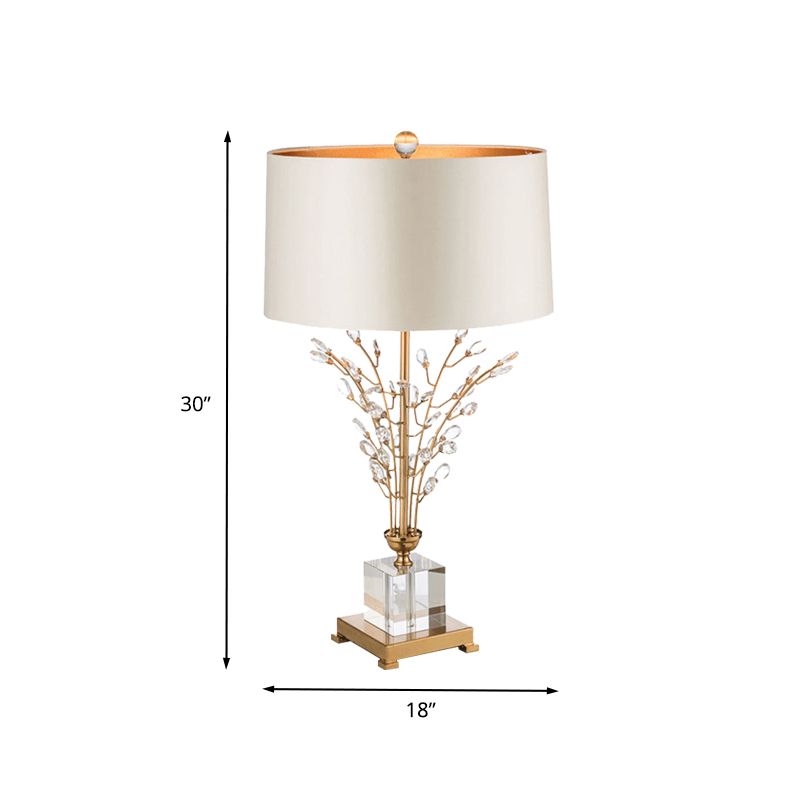 Fabric Drum Table Light Modernism 1 Head Small Desk Lamp in Gold with Crystal Leaf