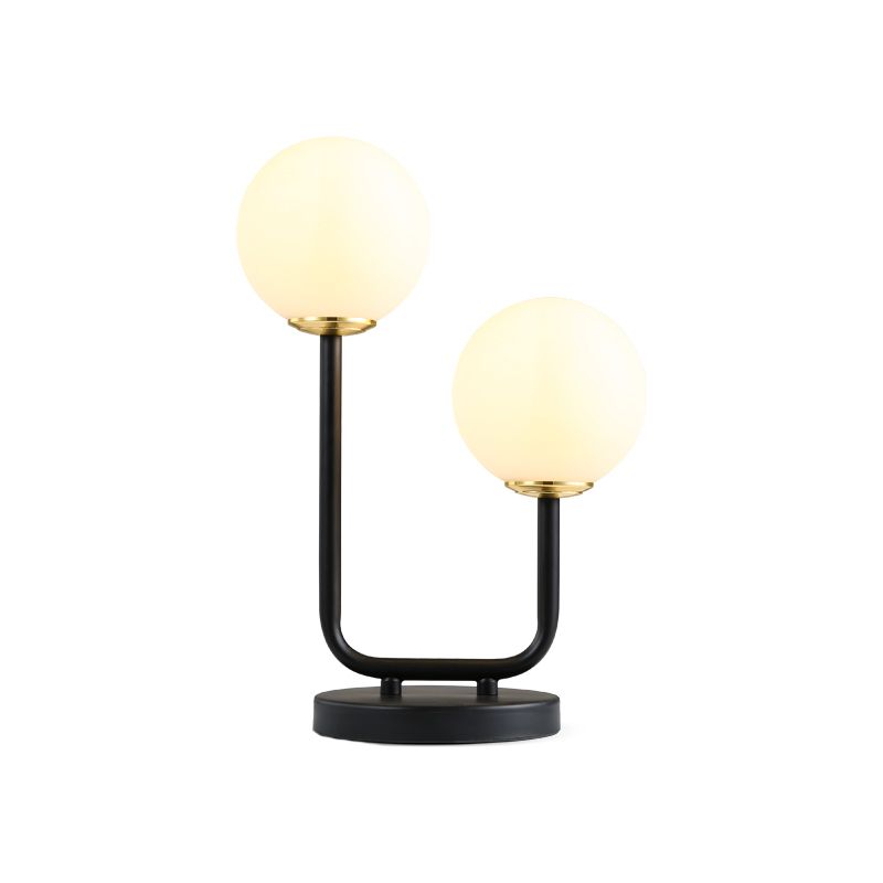 2 Heads Bedroom Table Light Modern Black Small Desk Lamp with Globe Opal Glass Shade