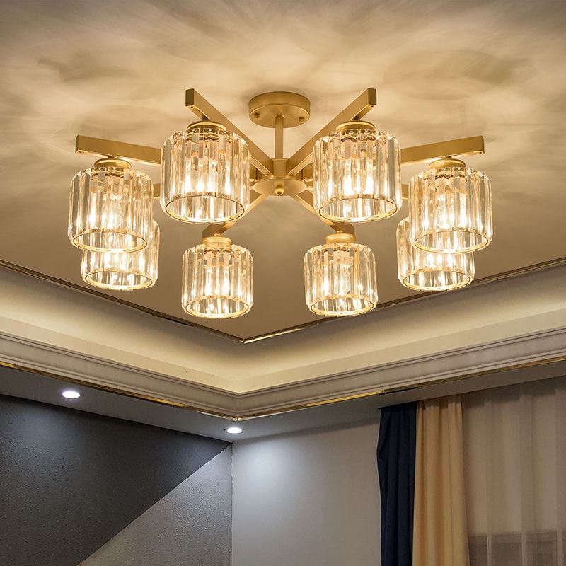 Cylindrical Semi Flush Chandelier Contemporary Crystal Prism Ceiling Light for Living Room