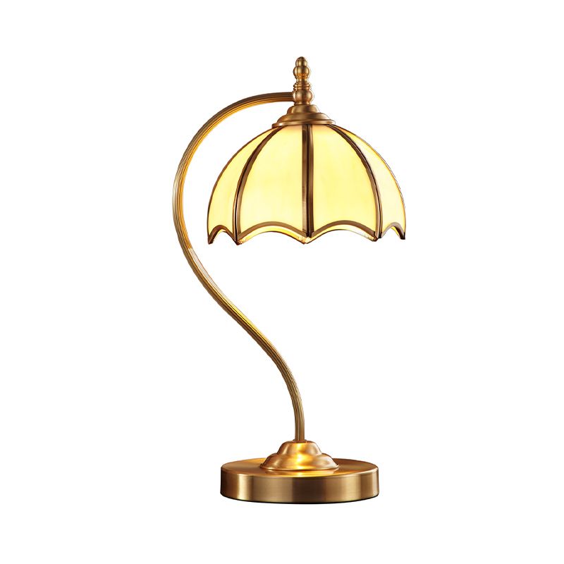 Opal Glass Gold Table Lamp Scalloped 1 Light Colonial Style Night Lighting with Curved Arm