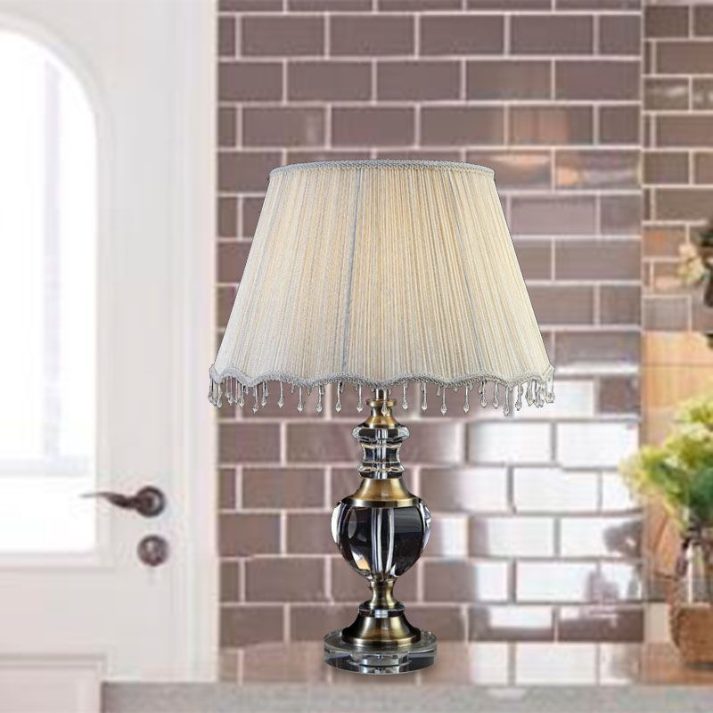 14"/16" W 1 Light Bedroom Night Table Light Traditional Cream Gray Crystal Nightstand Lamp with Cone Fabric Shade