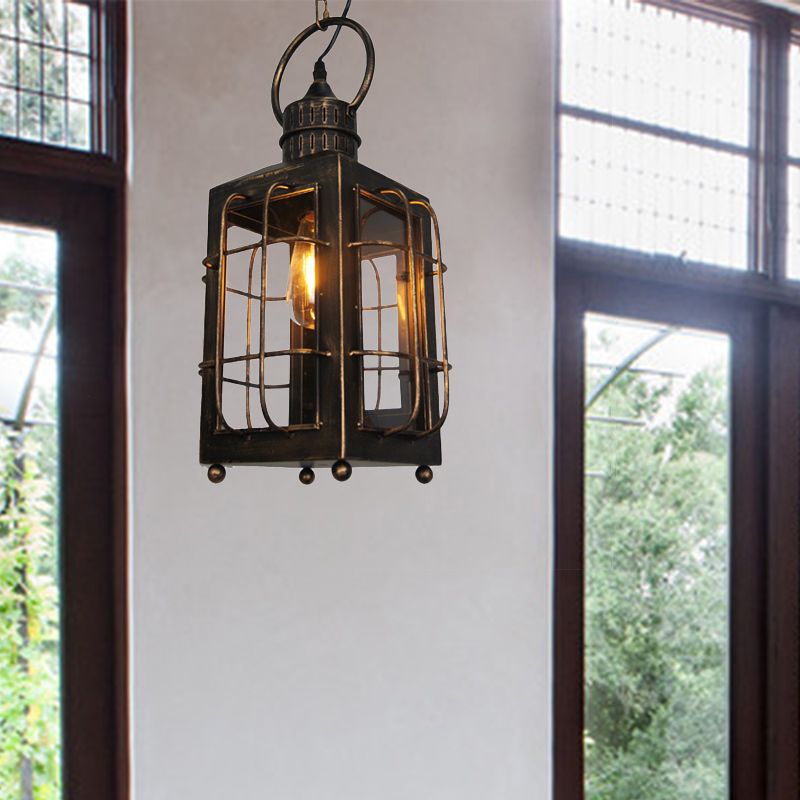 Brass Rectangle Pendant Light Warehouse Style 1 Light Clear Glass and Iron Hanging Ceiling Light with Wire Frame