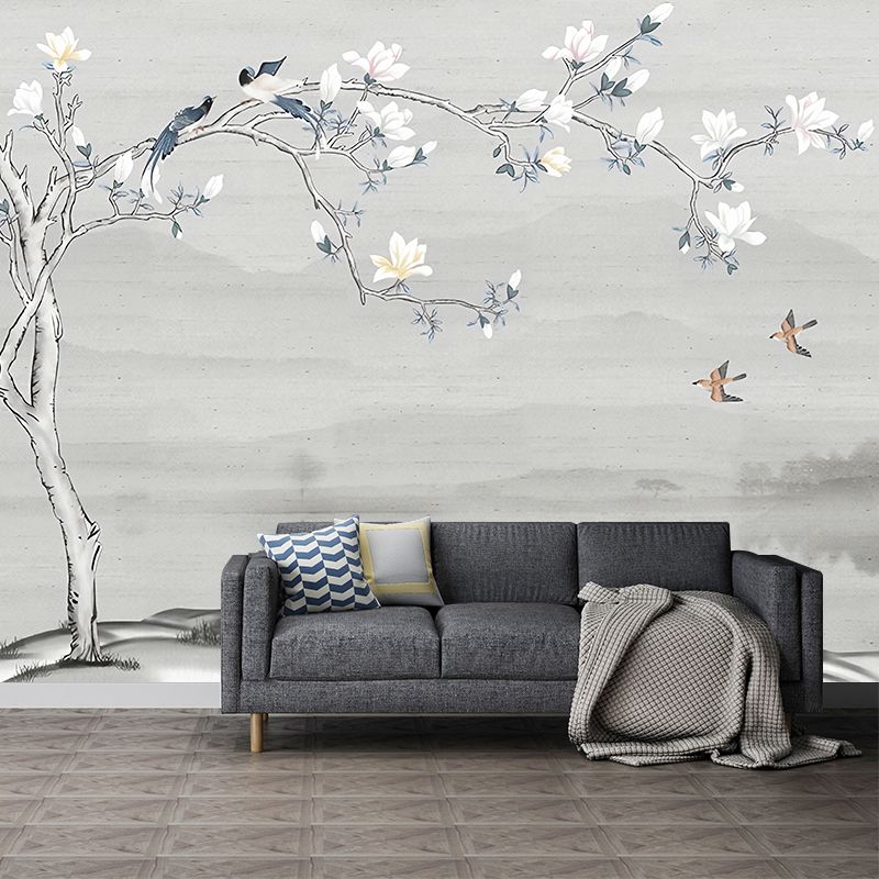 Illustration Magnolia Wall Mural Full Size Wall Covering for Bedroom, Made to Measure