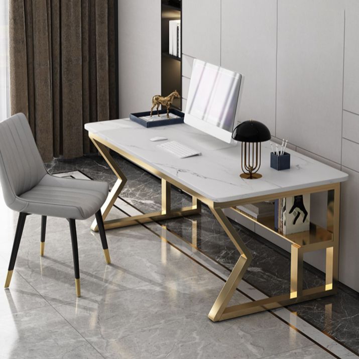 Glam Stone Office Desk Rectangular Golden Writing Desk for Office