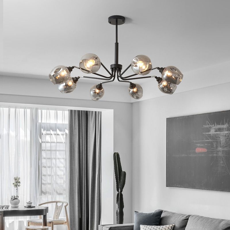 Modernism Style Cup Shape Ceiling Chandelier Smoke Grey Glass 8 Lights Living Room Pendant Lamp in Black