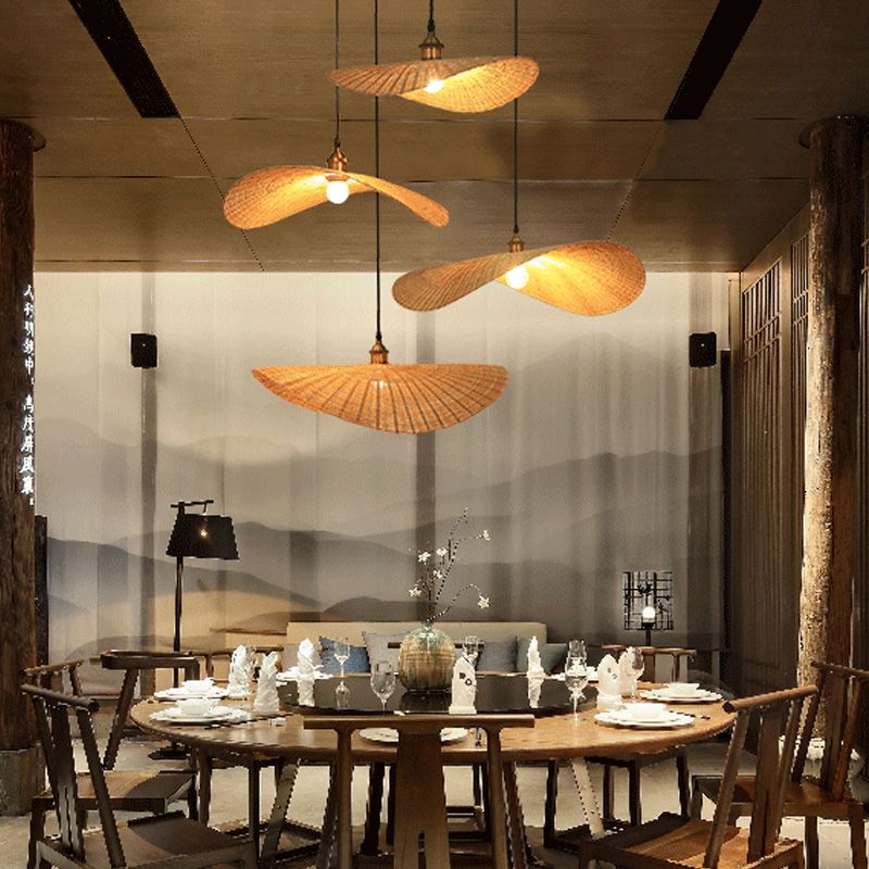 Chinese Hat Shape Pendant Lighting Fixtures Rattan Hanging Light for Restaurant