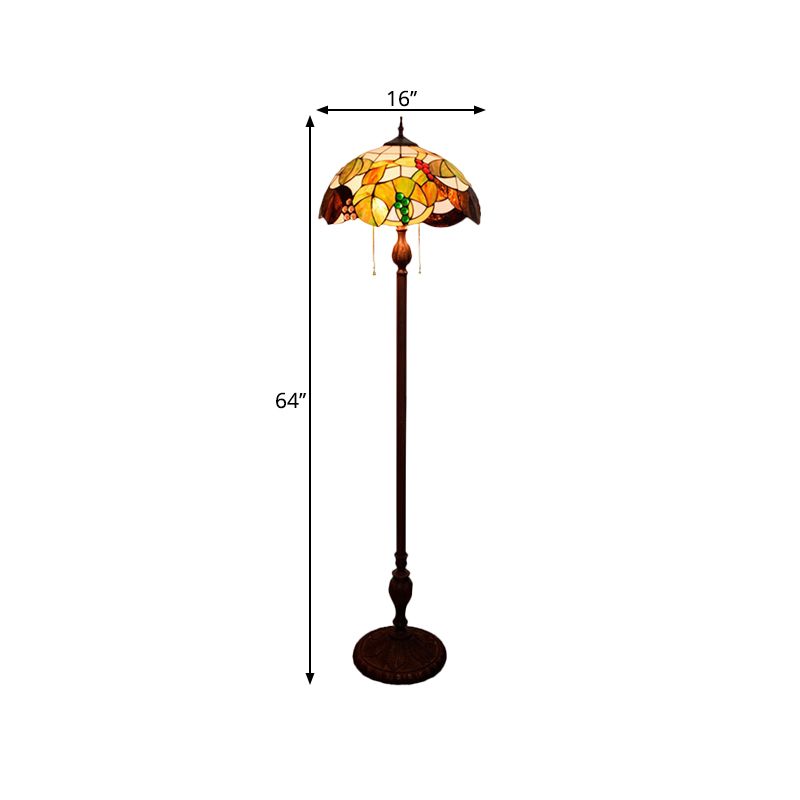 Cut Glass Copper Floor Lighting Scalloped 3 Bulbs Mediterranean Stand Up Lamp with Leaf and Grape Pattern