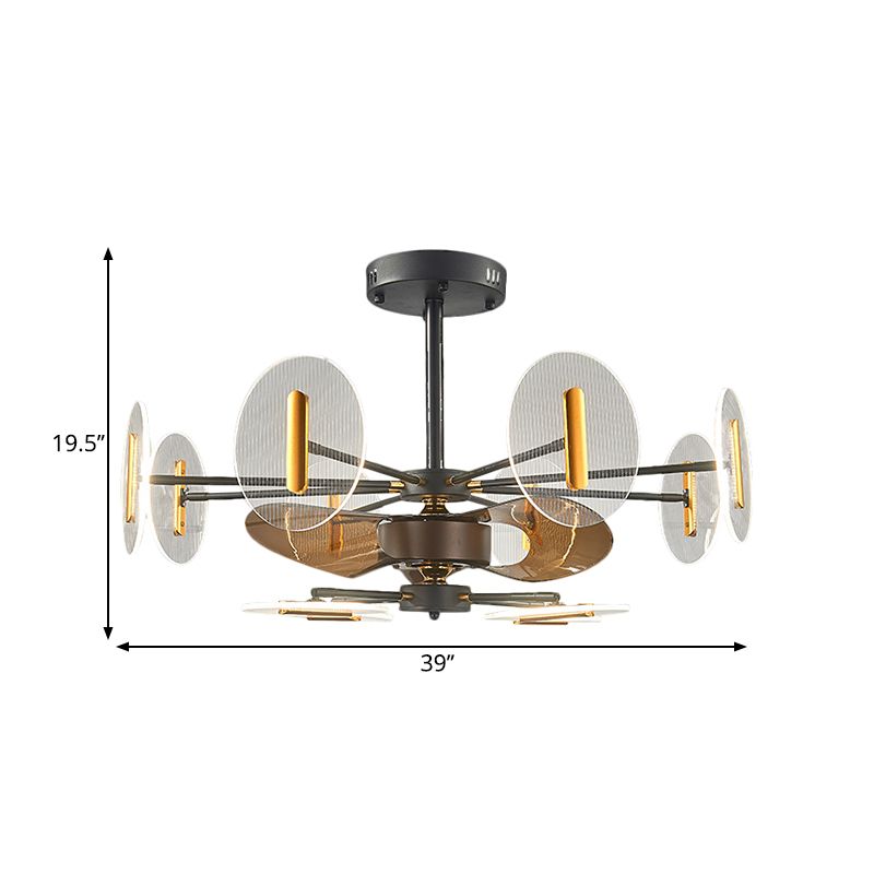 39 "breed zwart ronde paneel semi -spoelminimalisme 12 koppen acryl hanger ventilator licht met 3 bladen