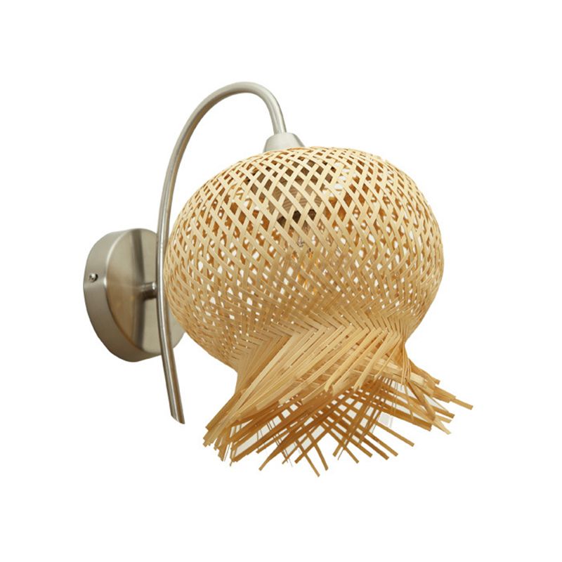 Bamboo Hand Woven Sconce Asia 1 Head Wall Mount Lamp in Flaxen with Metal Goosenesk Arm