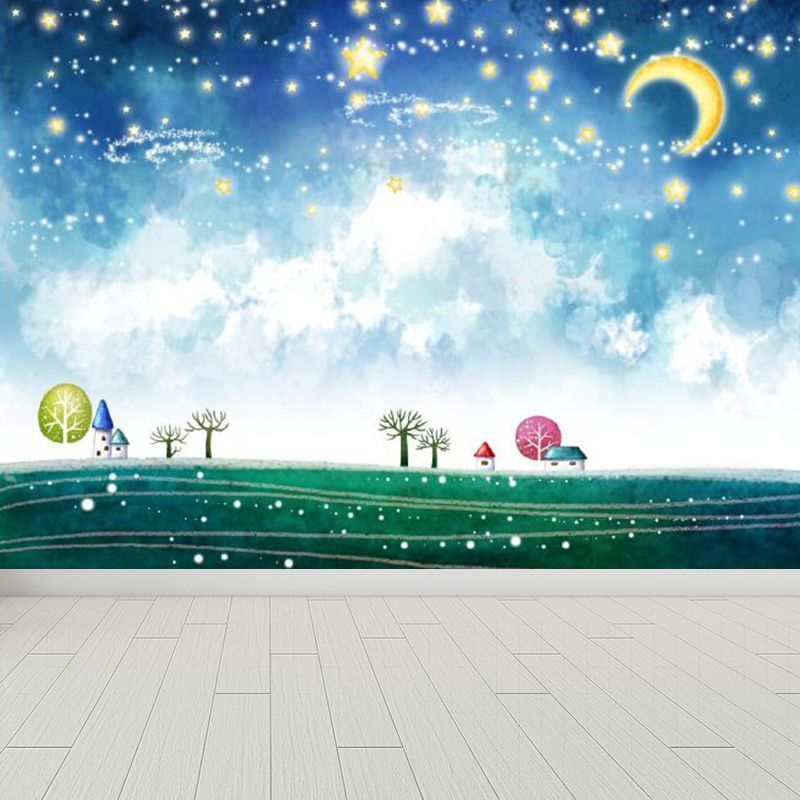 Moon and Stars Mural Decal Kid's Style Non-Woven Textured Wall Covering in Soft Color