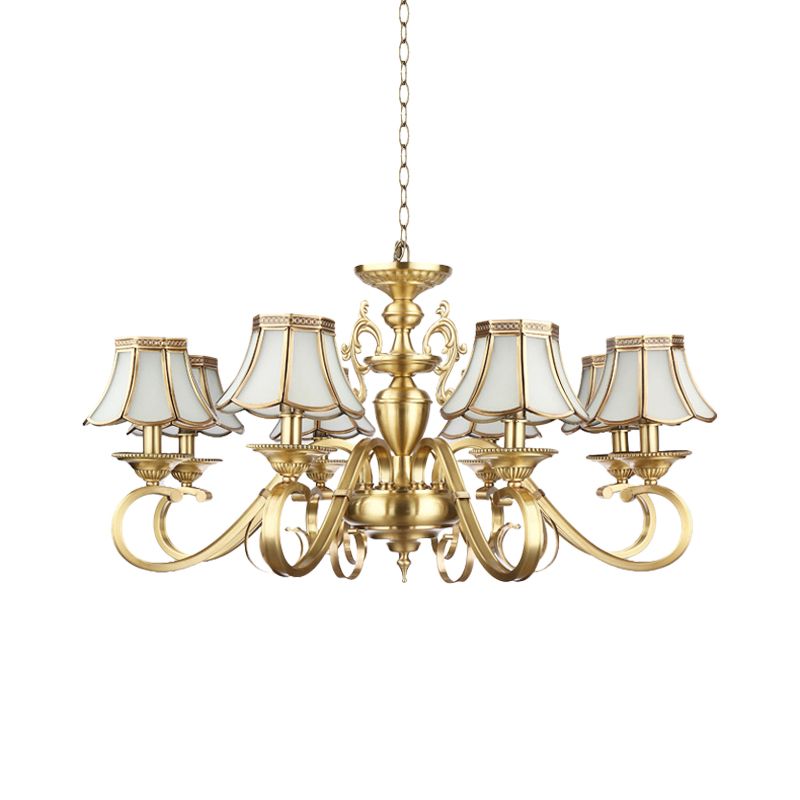 Polished Brass Scalloped Chandelier Lamp Colonial Frosted Glass 8 Lights Living Room Hanging Ceiling Light