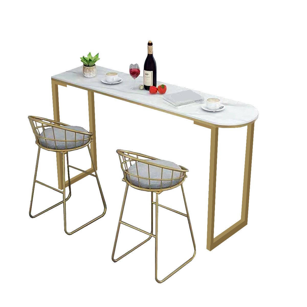 Contemporary Style Bar Table Bar Faux Marble Bar Desk with Sled Base