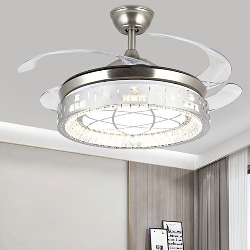 Remote Control/Frequency Convertible LED Fan Light 42"/48" W Simple Clear Crystal Orbit Semi Flush Light in Silver