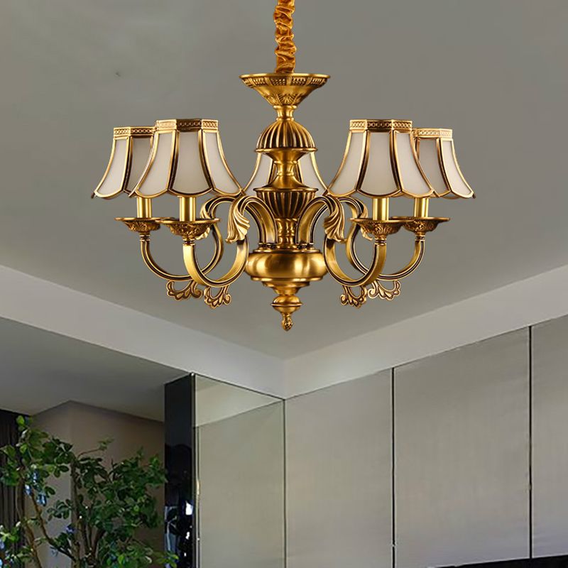 5/6/8 Heads Beige Frosted Glass Pendant Chandelier Colonial Gold Finish Scallope Living Room Suspension Lighting