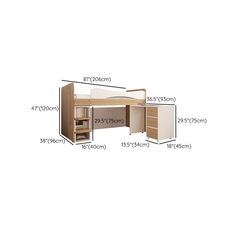 Contemporary Wood Loft Bed with Guardrail Natural Bed with Storage