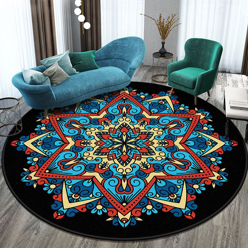 Moroccan Round Rug Medallion Print Indoor Rug Stain Resistant Polyester Area Rug for Living Room